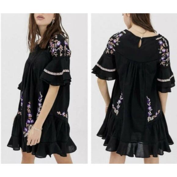 Free People Womens Pavlo Dress Embroidered Black Babydoll Boho Size S Petite - Picture 2 of 13